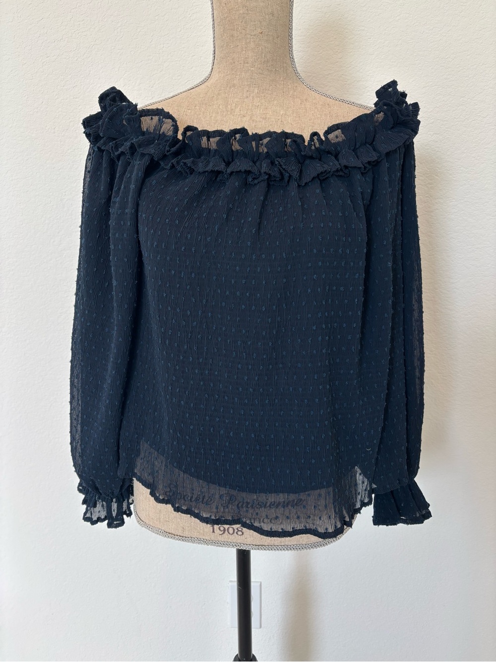 J.O.A. Navy Ruffled Off-Shoulder Textured Blouse